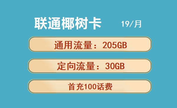 联通椰树卡：月租19元包205GB通用流量+30GB定向流量套餐介绍